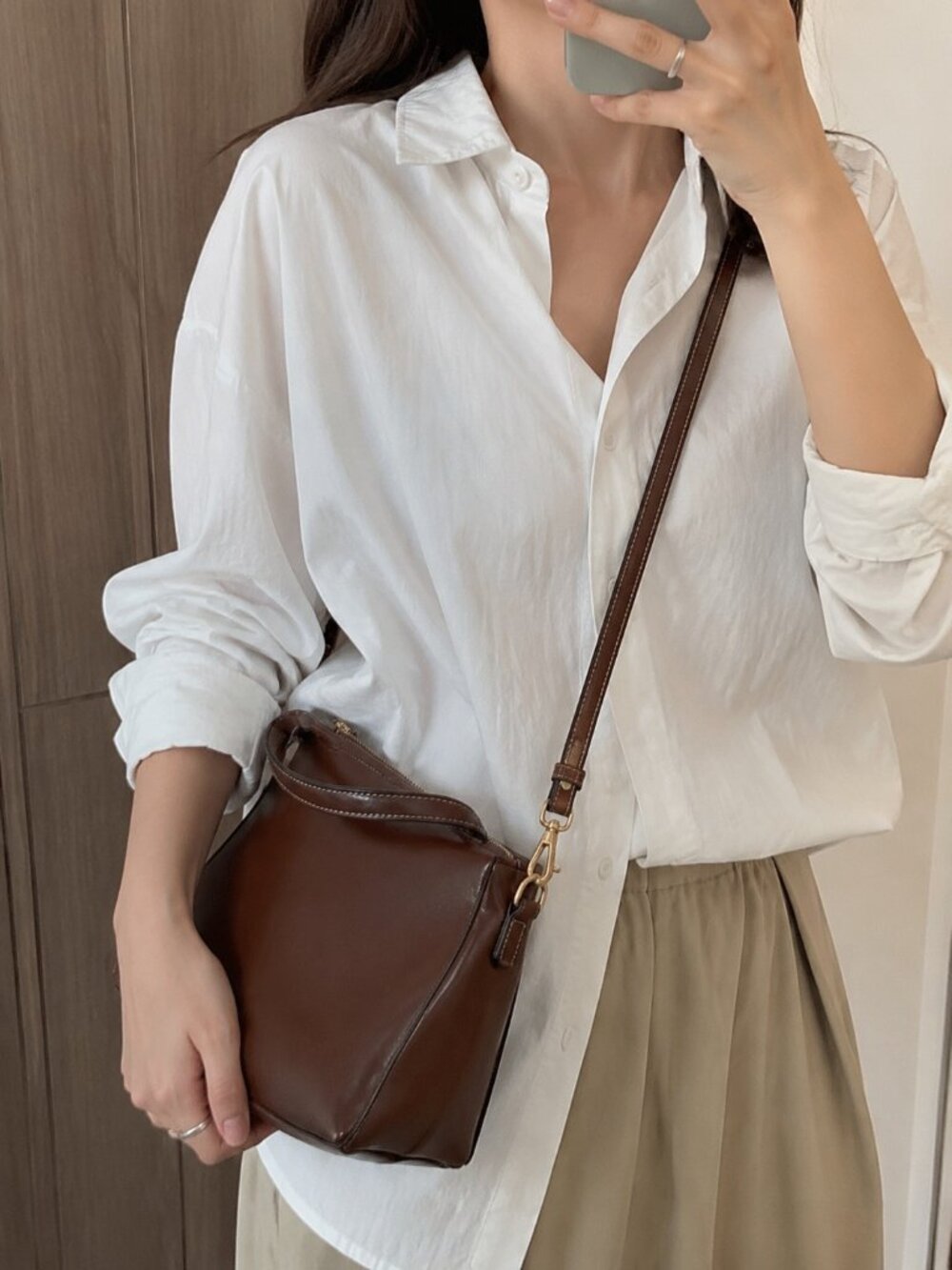 STAUD Brown Leather Bag Strap White Stitching